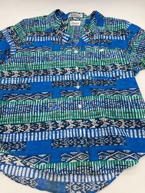 Vintage Carriage Court Blue & Green Patterned Short-Sleeve Shirt Large